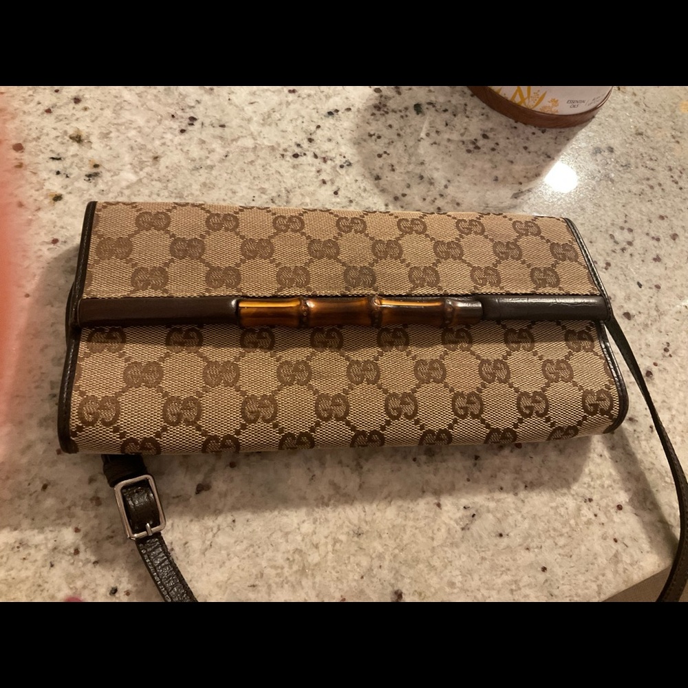 Gucci Clutch Gg Beige Canvas Leather Strap Bamboo Flap Tan Shoulder Bag